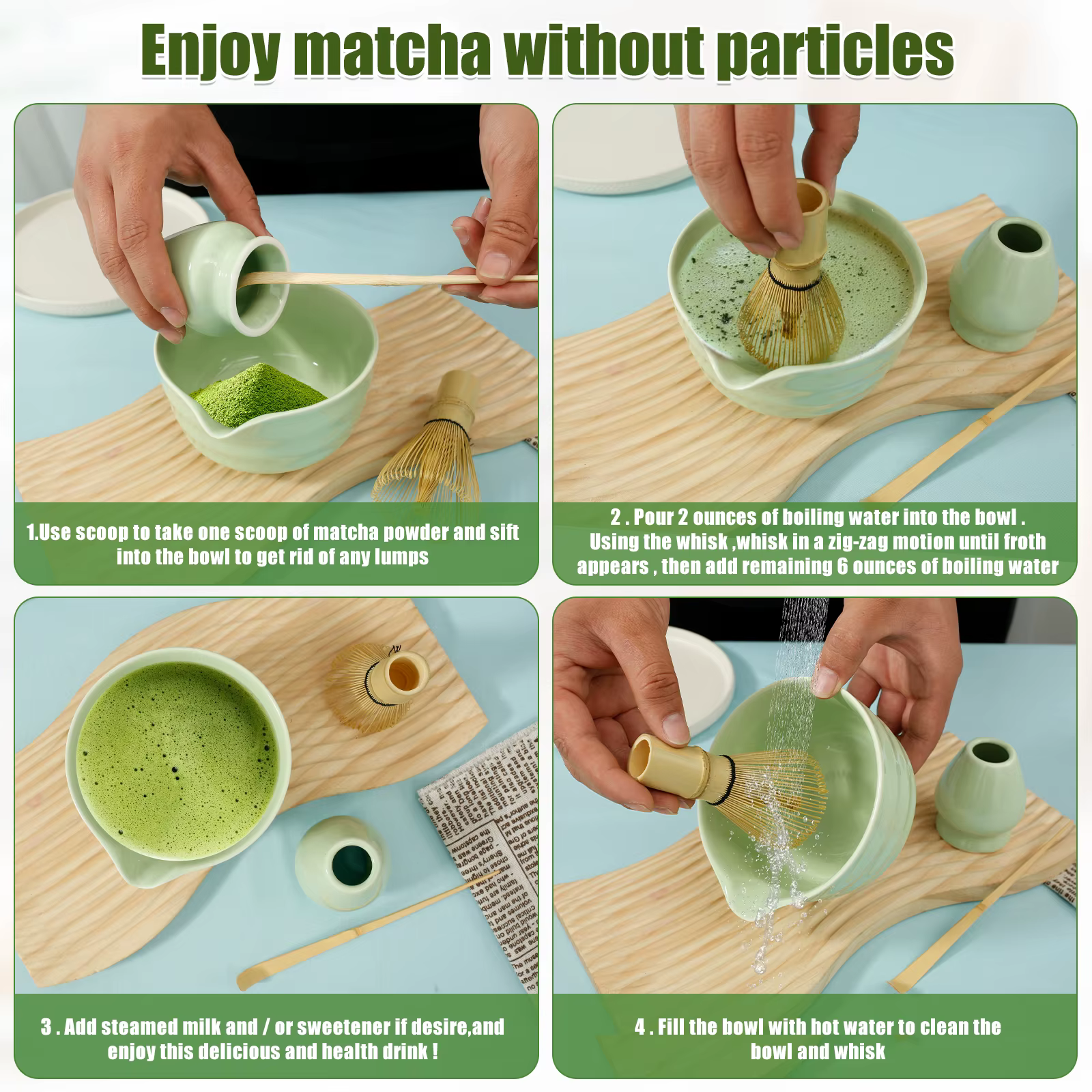 Komplettes 4-teiliges Matcha-Set: Japanische Keramikschüssel & Bambus-Zubehör – Ideal für Matcha-Liebhaber – Bild 4